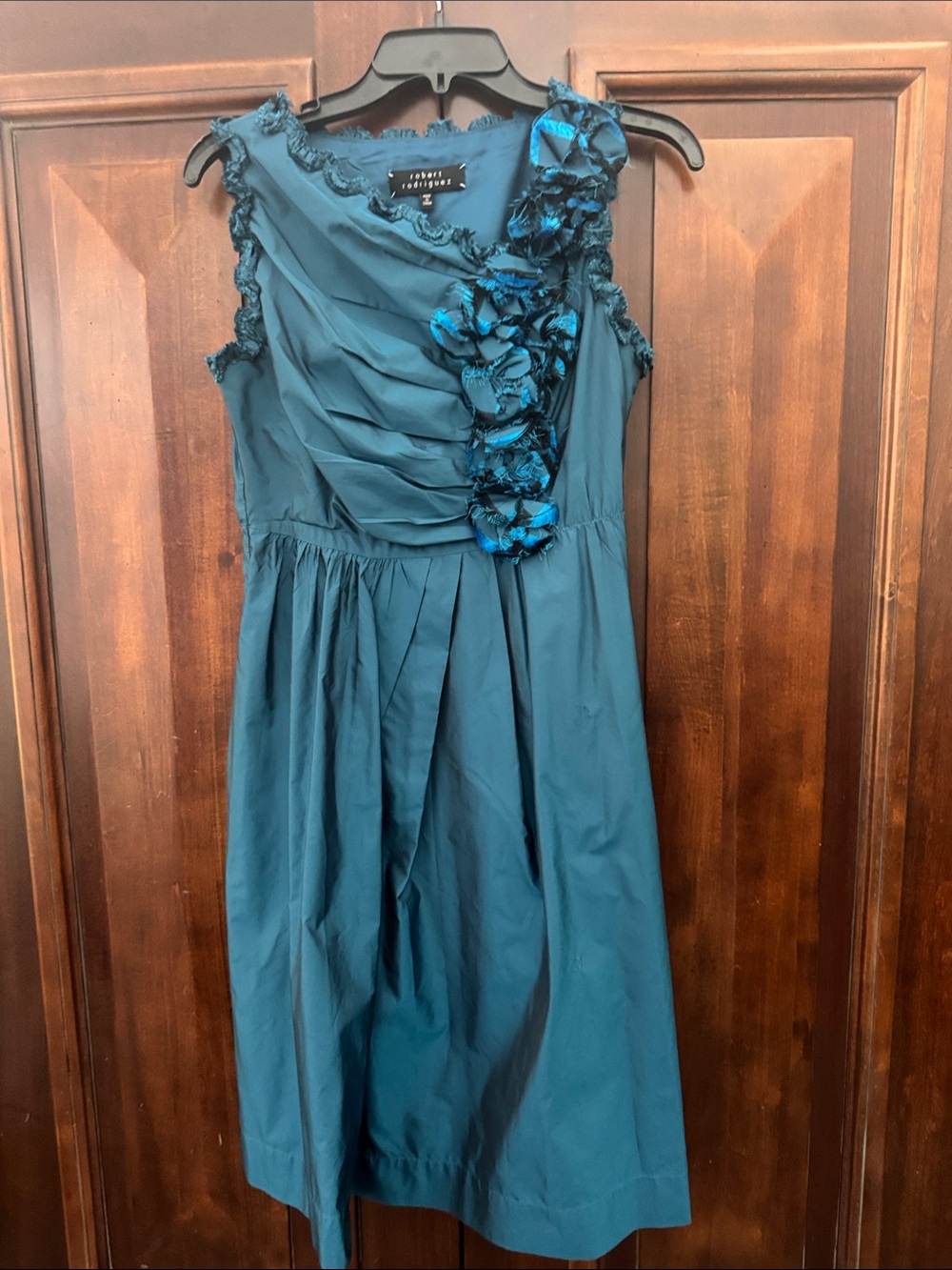 Robert Rodriguez Teal Blue Floral Applique Cocktail Dress